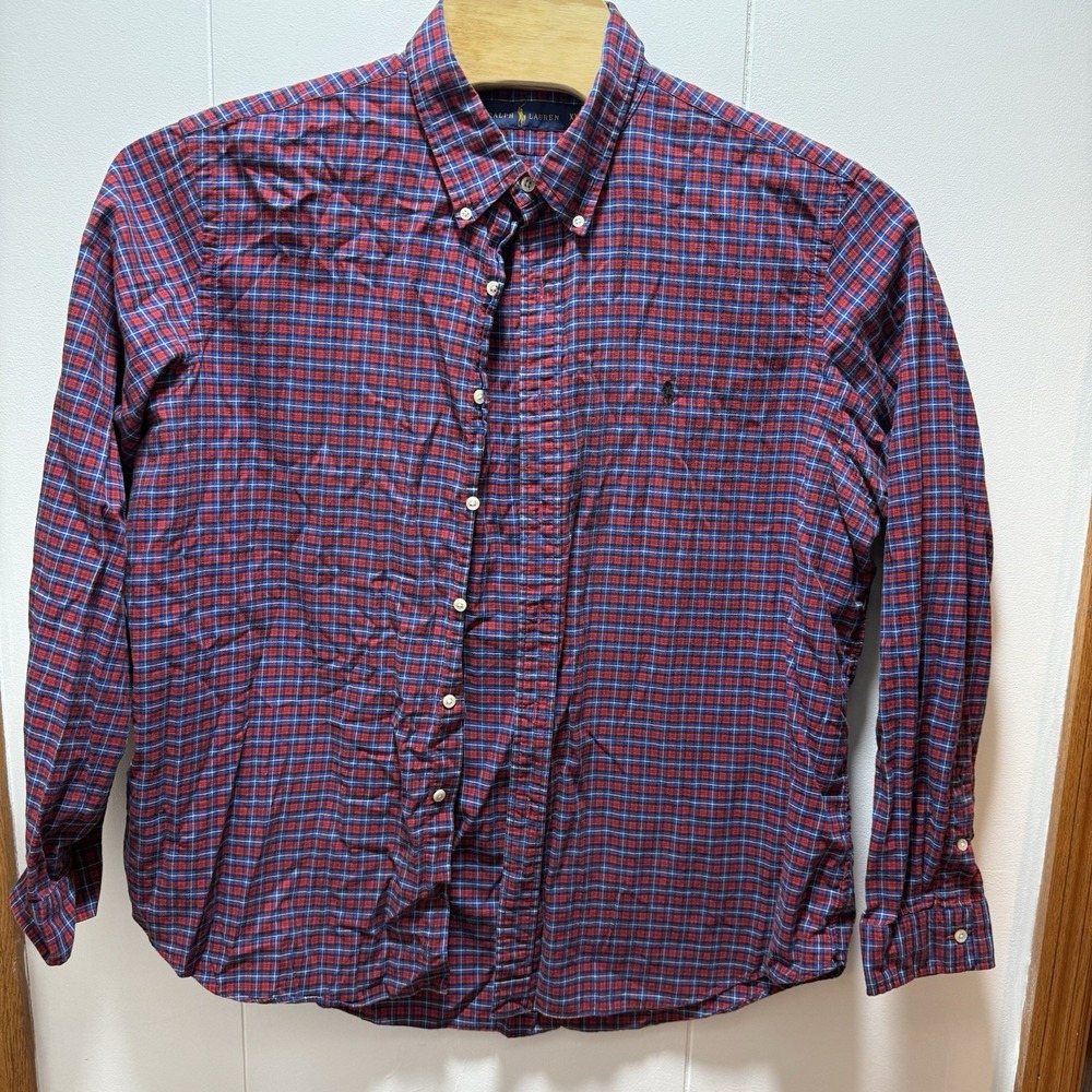Ralph Lauren Mens‎ XXL Plaid Button Down Shirt Red Blue Cotton Long Sleeve Pony